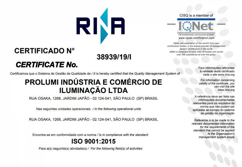 Prolumi Luminárias Certificação ISO